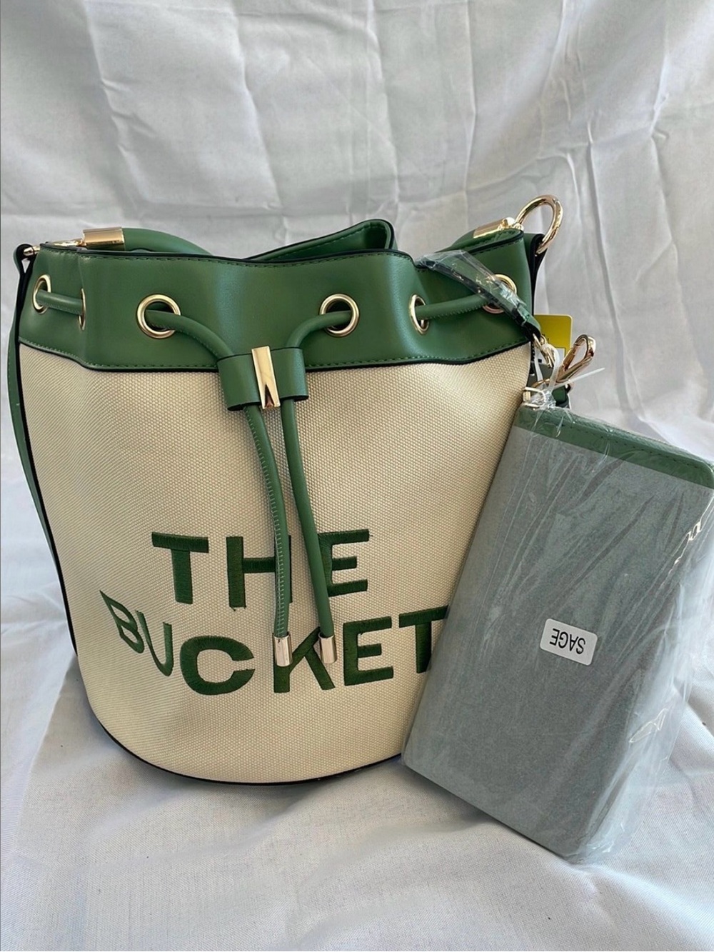 Marc Jacobs Green & Cream 'The Bucket' Canvas Drawstring Tote